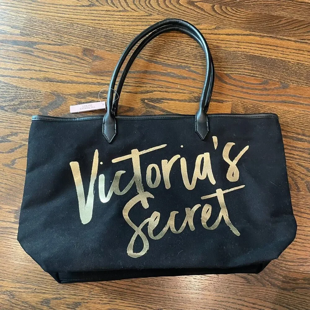 NWT VICTORIA'S SECRET Black Canvas Tote VS Metallic Insignia